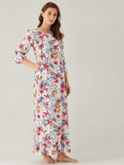 The Kaftan Company Nightdress White Lily and Butterfly Print Viscose Nightdress with Ruffle Yoke