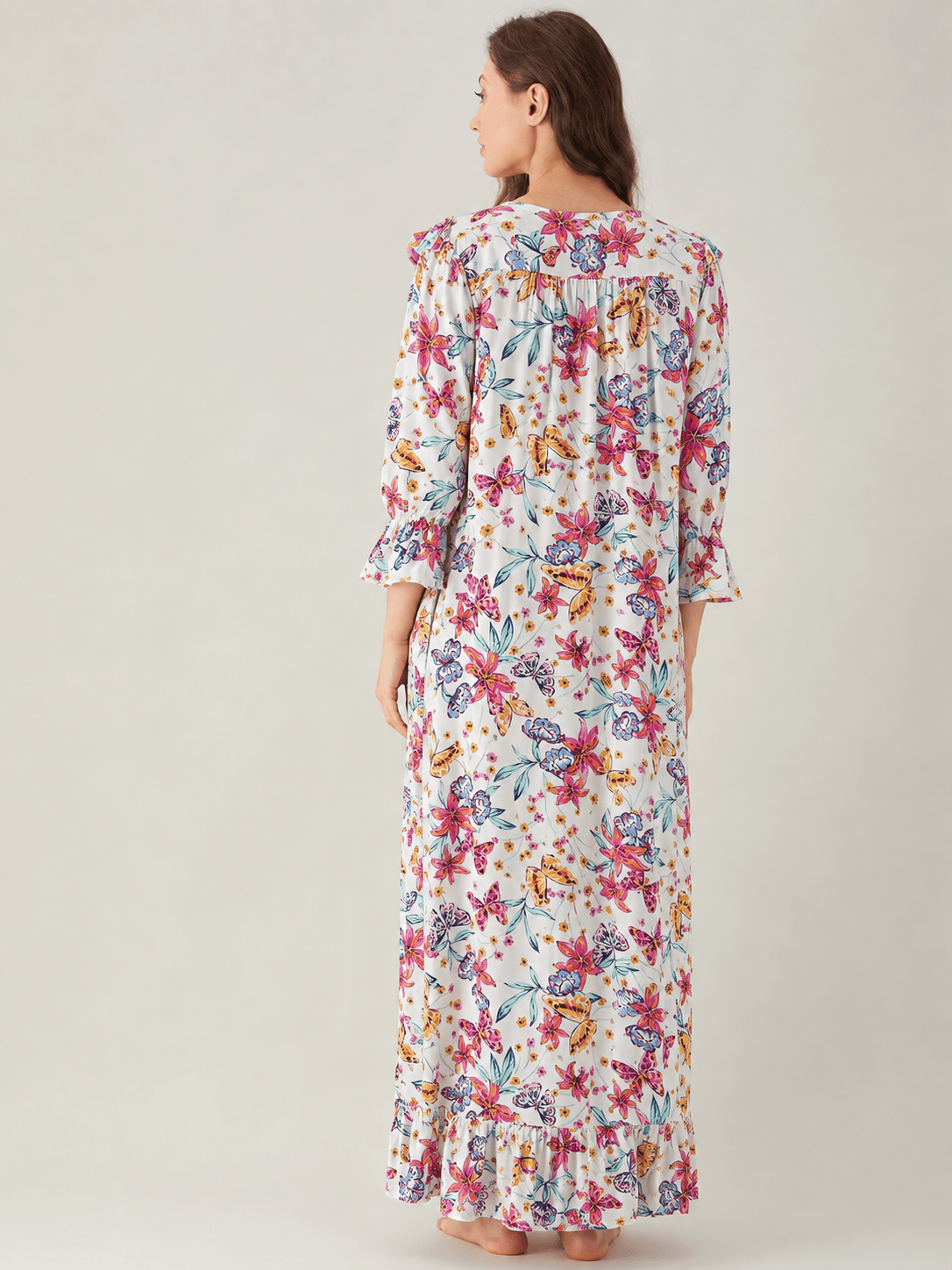 The Kaftan Company Nightdress White Lily and Butterfly Print Viscose Nightdress with Ruffle Yoke