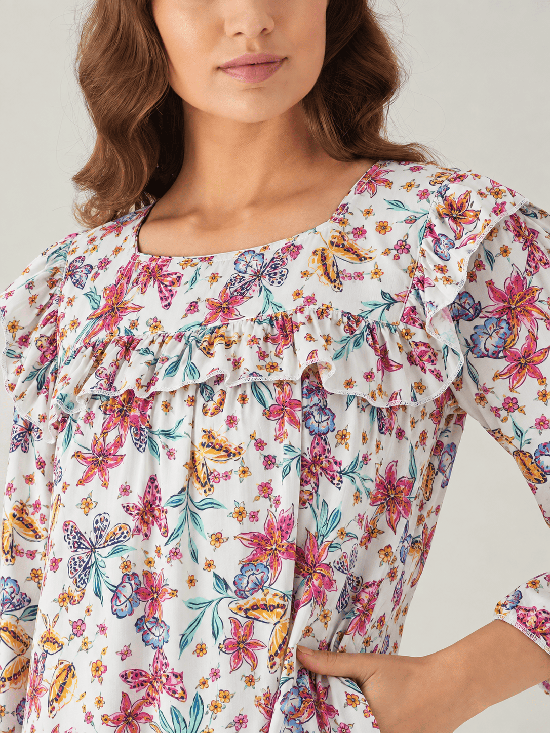 The Kaftan Company Nightdress White Lily and Butterfly Print Viscose Nightdress with Ruffle Yoke