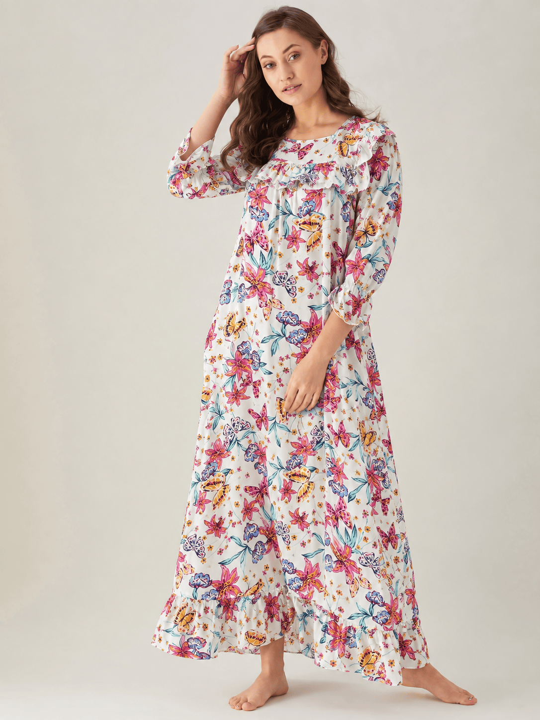 The Kaftan Company Nightdress White Lily and Butterfly Print Viscose Nightdress with Ruffle Yoke
