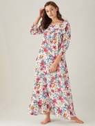 The Kaftan Company Nightdress White Lily and Butterfly Print Viscose Nightdress with Ruffle Yoke