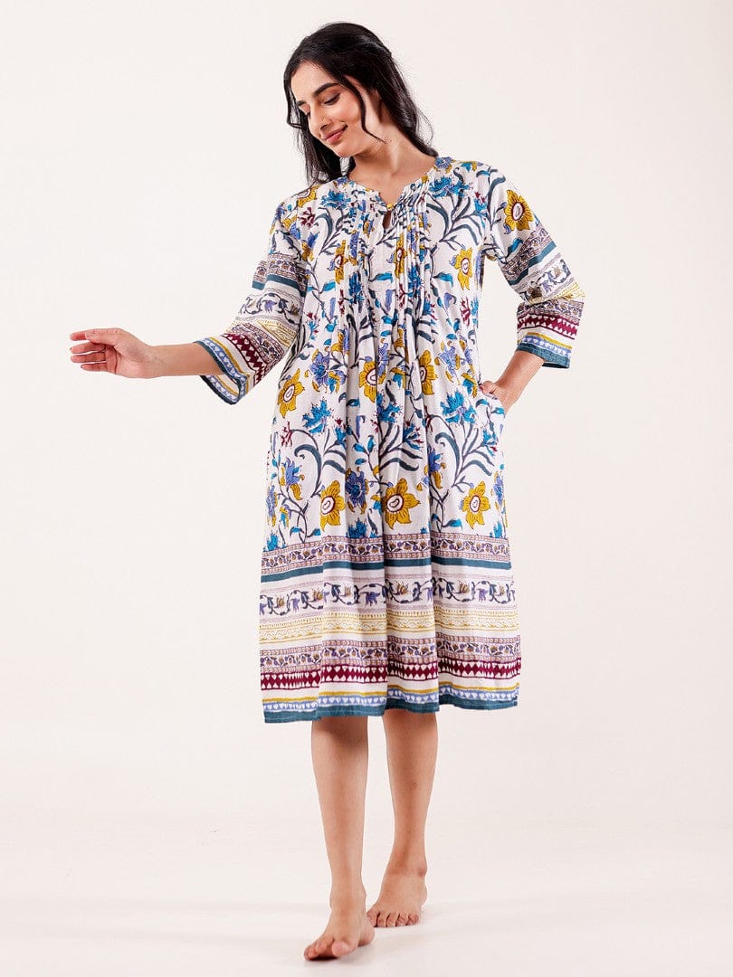 The Kaftan Company Nightdress White Multicolor Floral Printed Cotton Nightdress