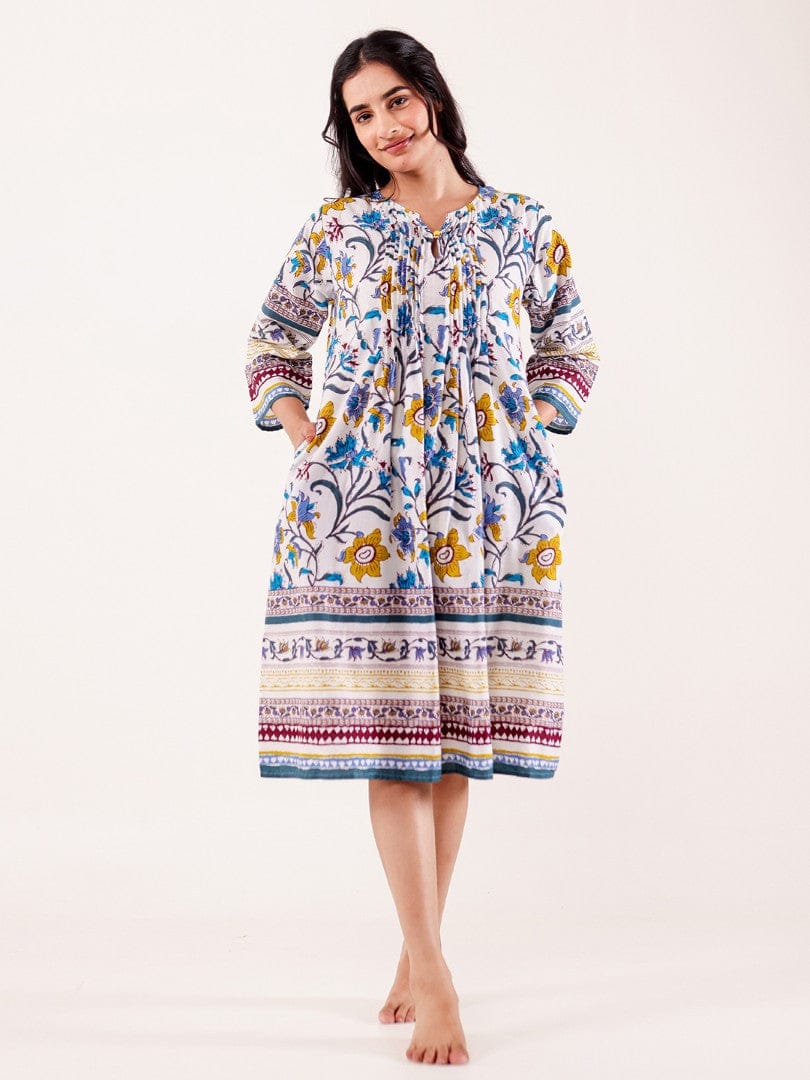 The Kaftan Company Nightdress White Multicolor Floral Printed Cotton Nightdress