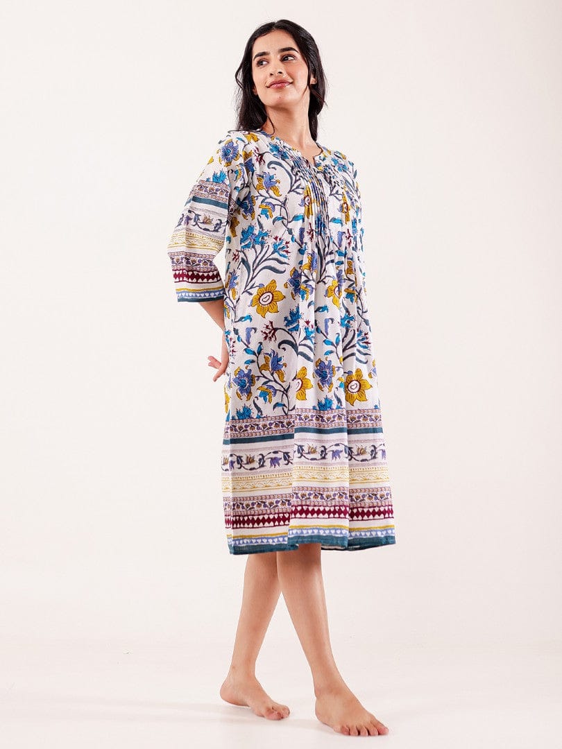 The Kaftan Company Nightdress White Multicolor Floral Printed Cotton Nightdress