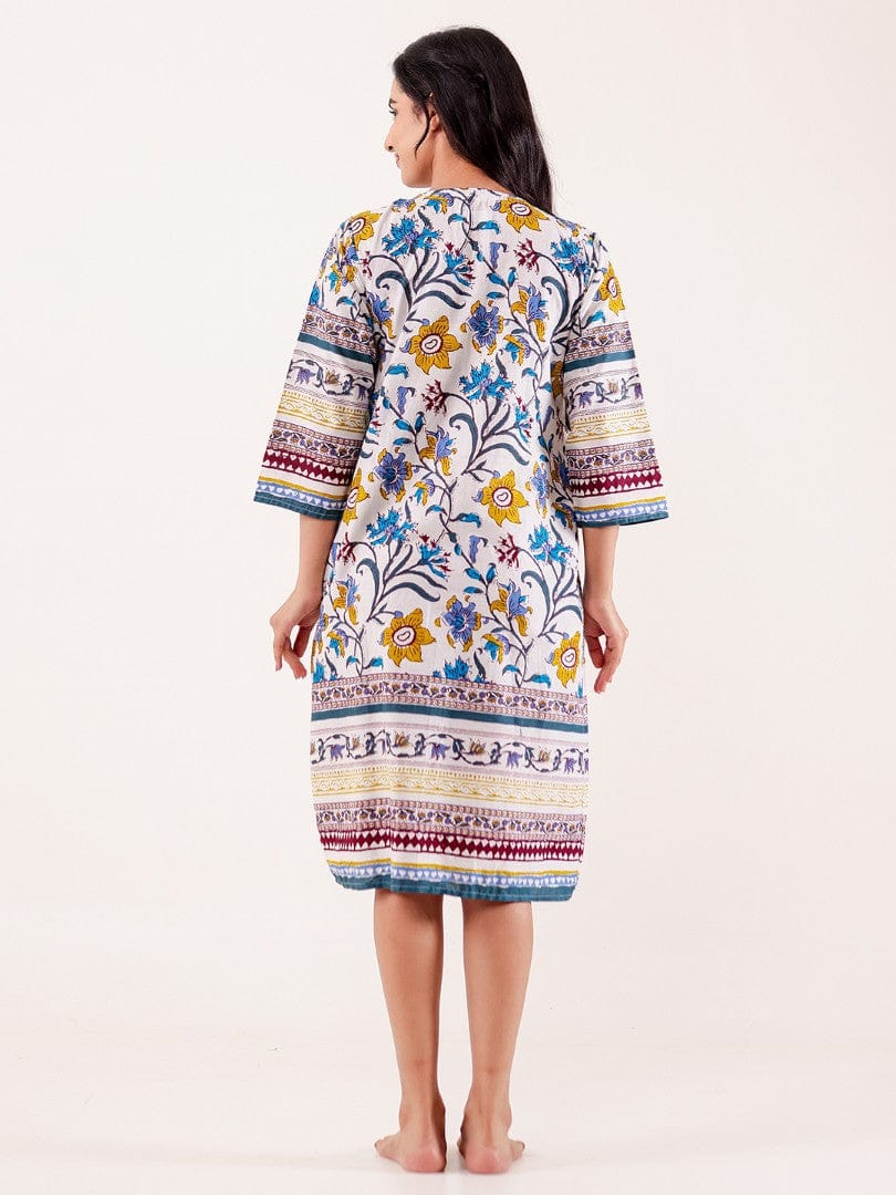 The Kaftan Company Nightdress White Multicolor Floral Printed Cotton Nightdress