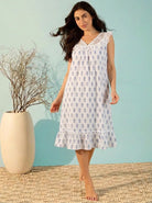 The Kaftan Company Nightdress White Pineapple Print Cotton Nightdress with Lace Yoke and Ruffle Hem