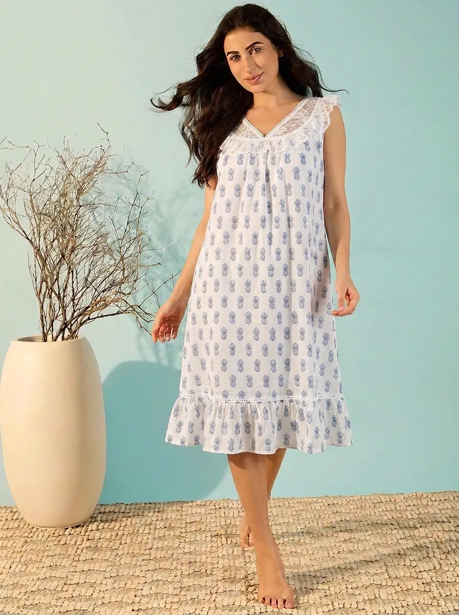 The Kaftan Company Nightdress White Pineapple Print Cotton Nightdress with Lace Yoke and Ruffle Hem