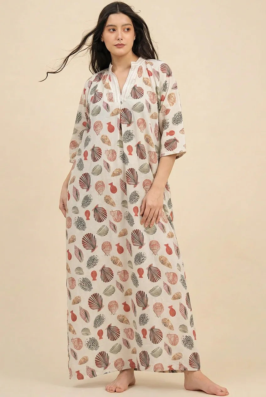 The Kaftan Company Nightdress White Seashell Print Modal Nightdress with Lace Neckline