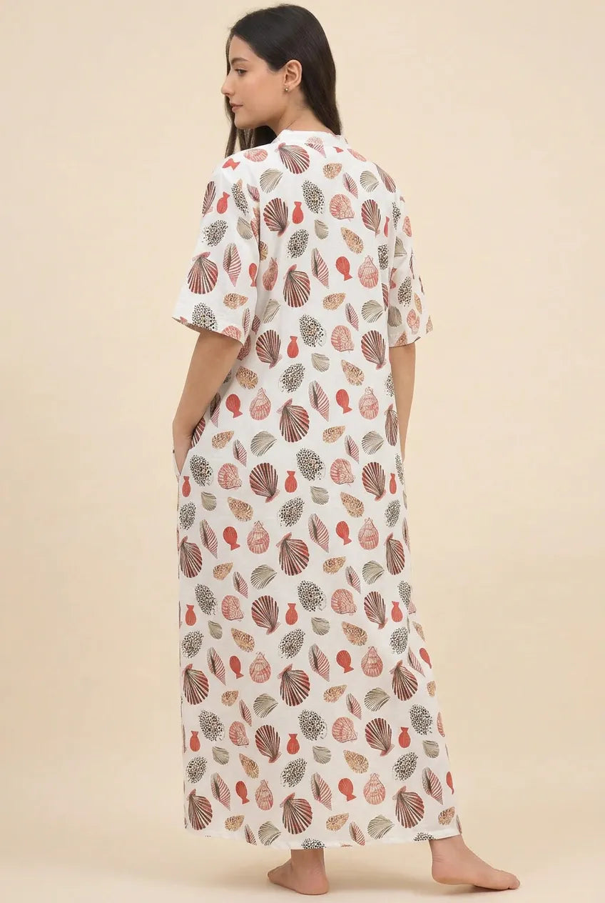 The Kaftan Company Nightdress White Seashell Print Modal Nightdress with Lace Neckline