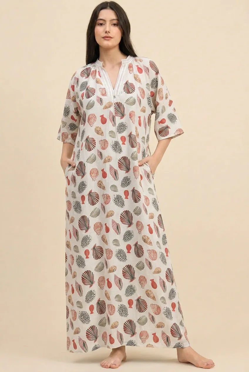 The Kaftan Company Nightdress White Seashell Print Modal Nightdress with Lace Neckline