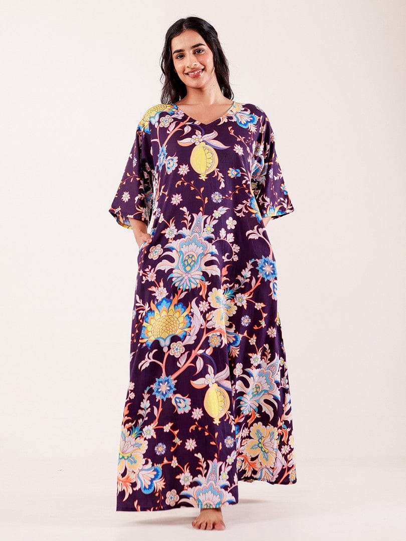 The Kaftan Company Nightdress Wine Floral Printed Modal Nightdress