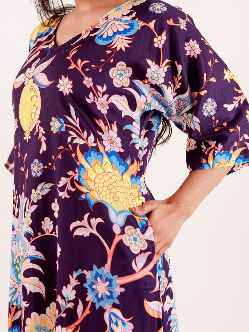 The Kaftan Company Nightdress Wine Floral Printed Modal Nightdress