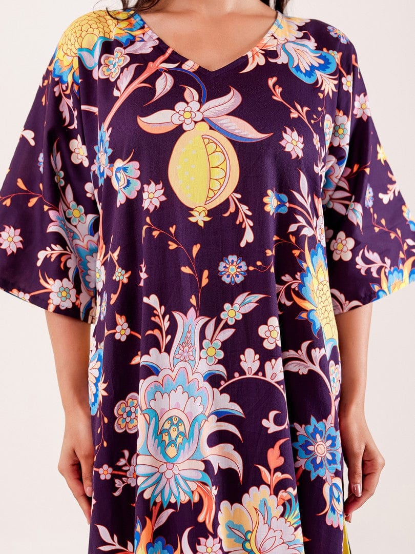 The Kaftan Company Nightdress Wine Floral Printed Modal Nightdress