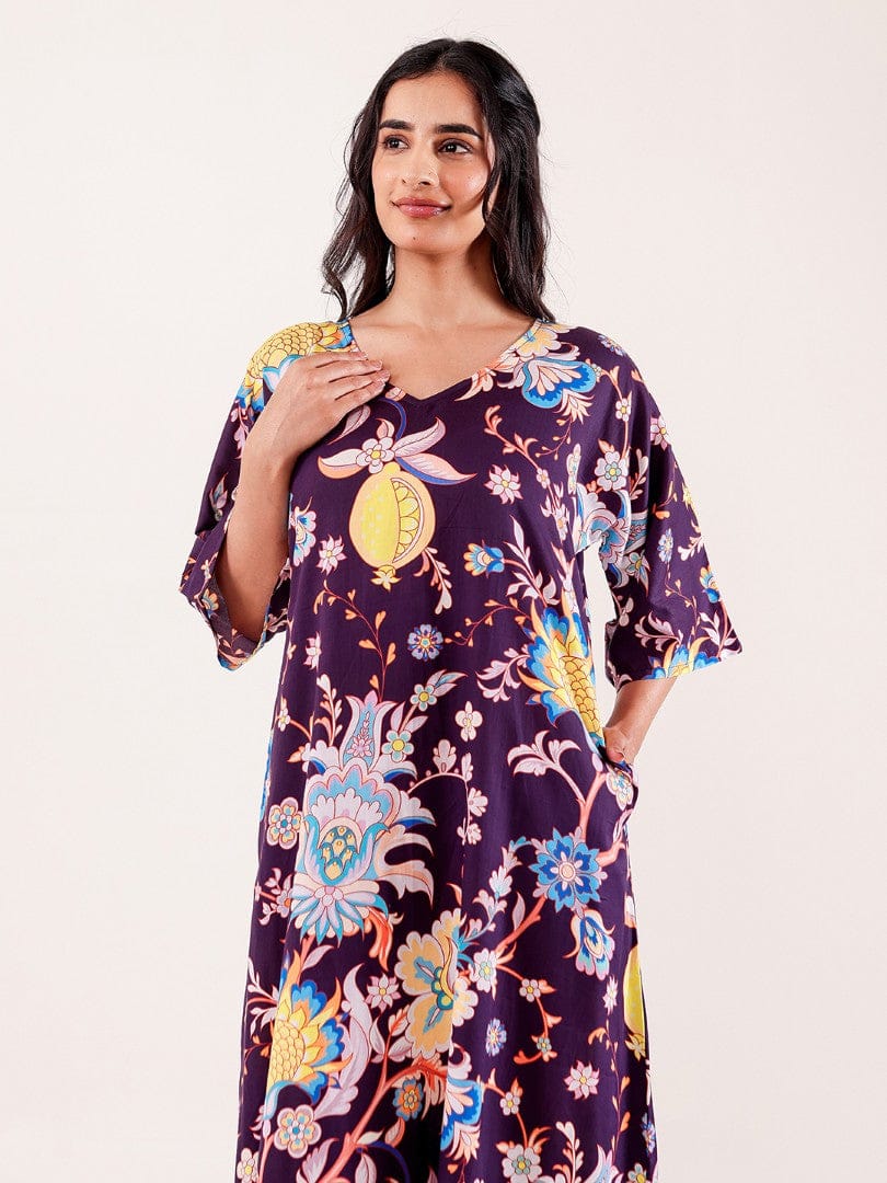 The Kaftan Company Nightdress Wine Floral Printed Modal Nightdress