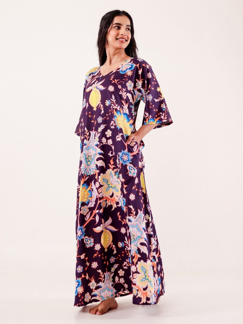 The Kaftan Company Nightdress Wine Floral Printed Modal Nightdress