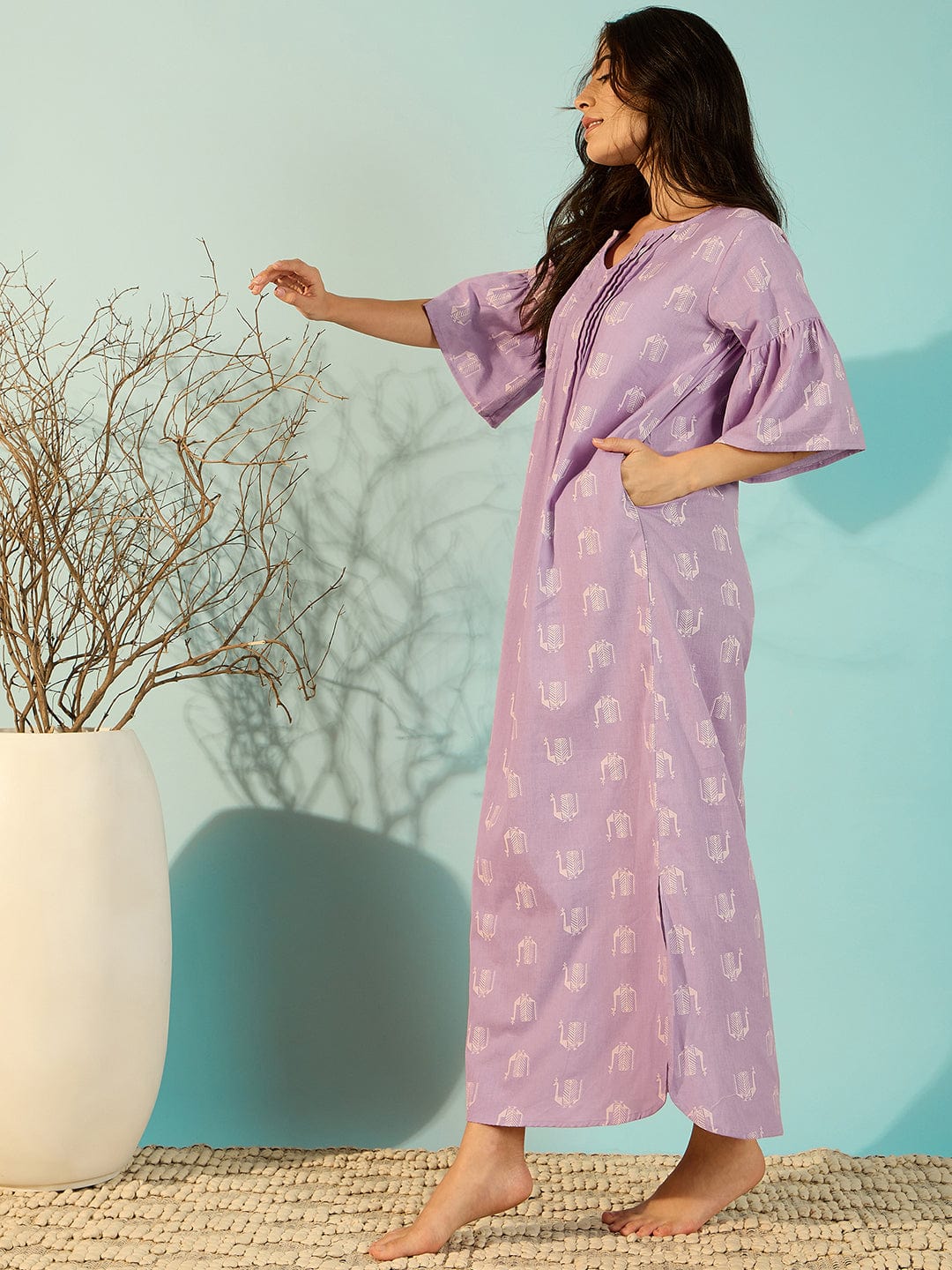 The Kaftan Company Nightdress Women Peacock Block Lilac Linen Elegant Nightdress