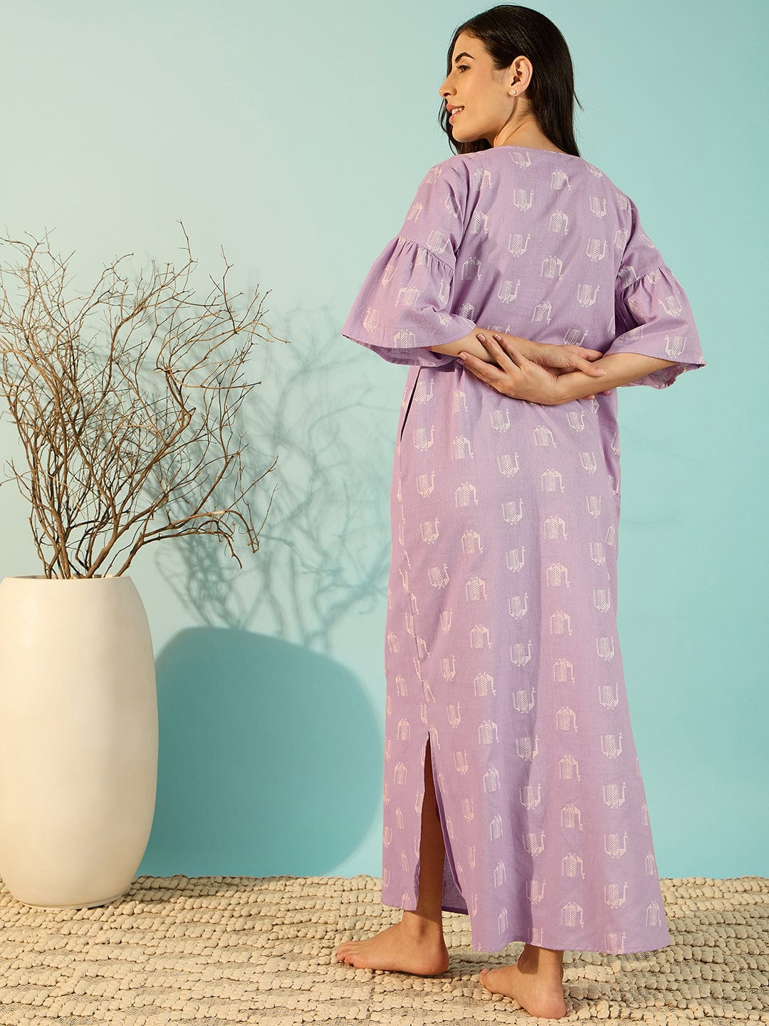 The Kaftan Company Nightdress Women Peacock Block Lilac Linen Elegant Nightdress