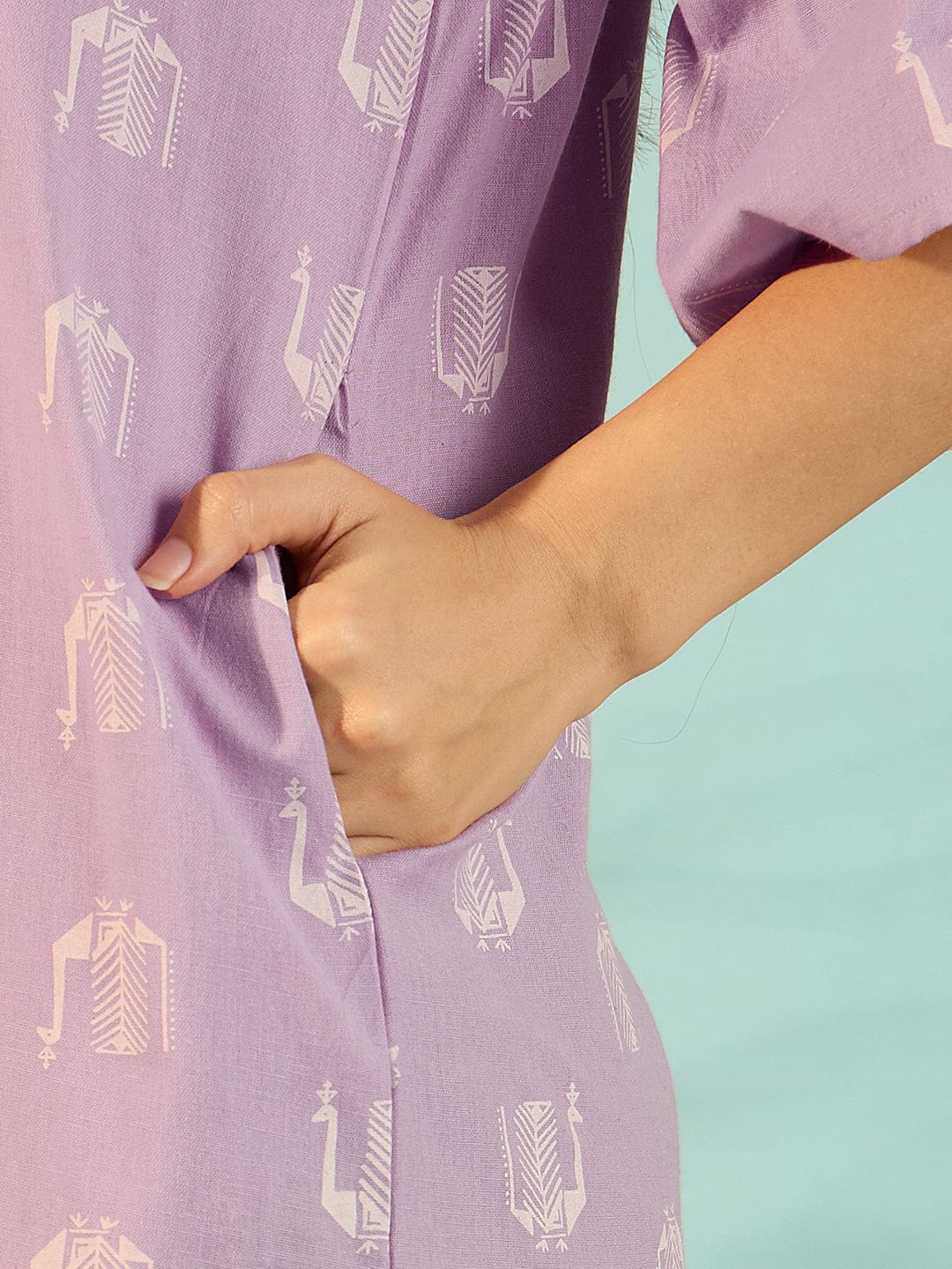 The Kaftan Company Nightdress Women Peacock Block Lilac Linen Elegant Nightdress