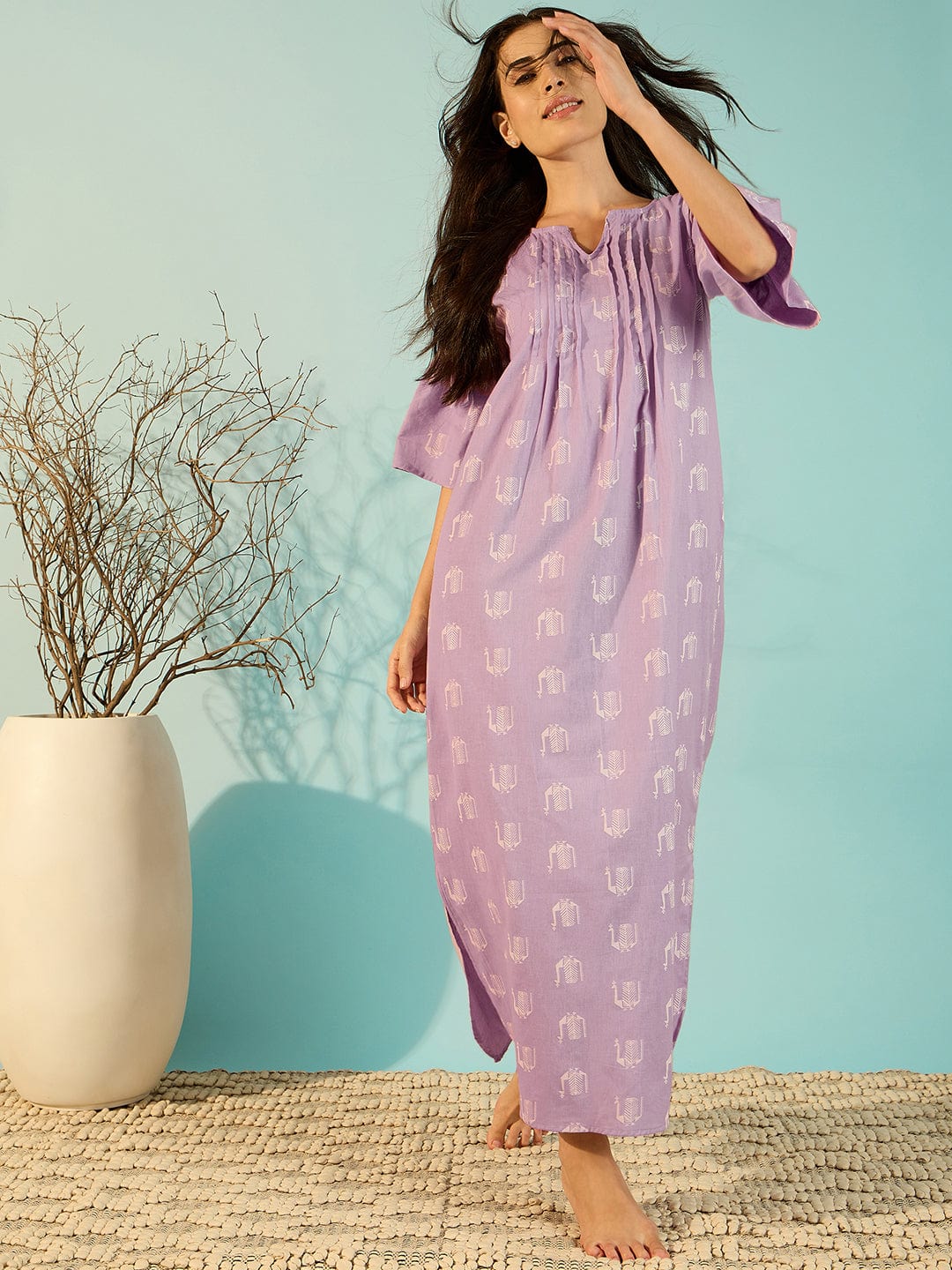 The Kaftan Company Nightdress Women Peacock Block Lilac Linen Elegant Nightdress