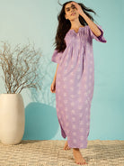 The Kaftan Company Nightdress Women Peacock Block Lilac Linen Elegant Nightdress