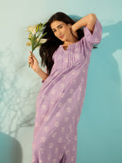 The Kaftan Company Nightdress Women Peacock Block Lilac Linen Elegant Nightdress