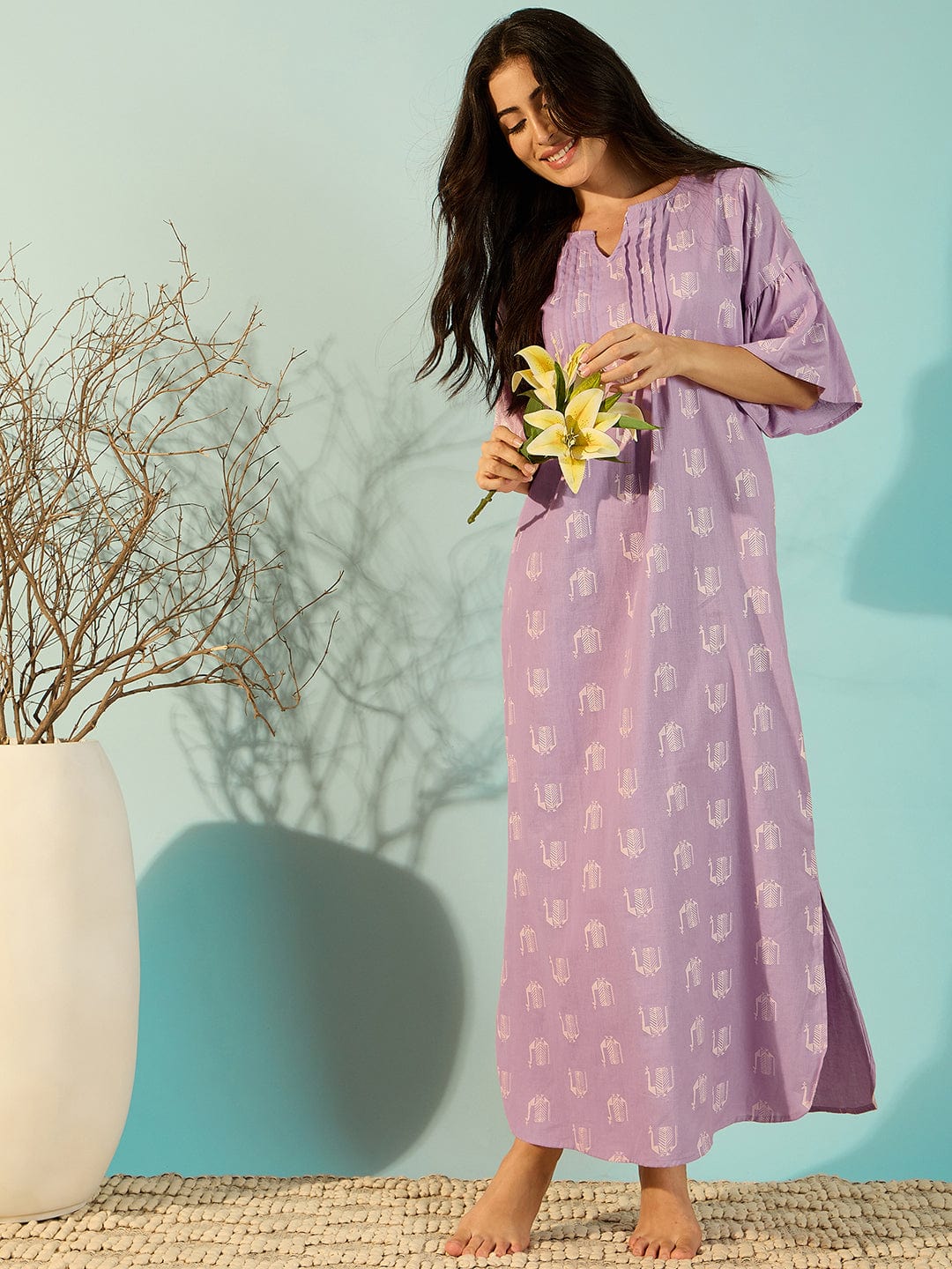 The Kaftan Company Nightdress Women Peacock Block Lilac Linen Elegant Nightdress