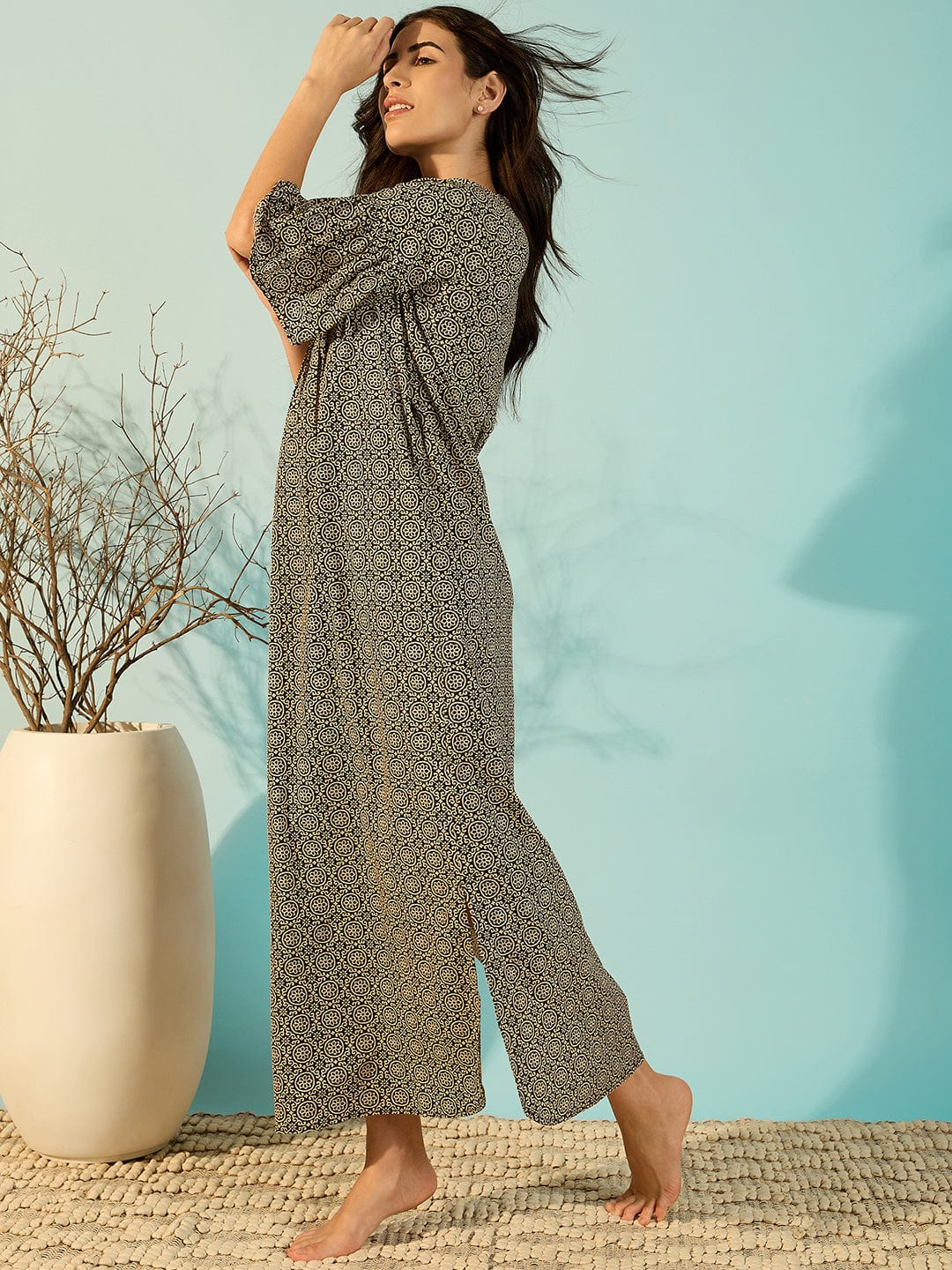 The Kaftan Company Nightdress Women Spiral Pattern Black Cotton Chic Nightdress