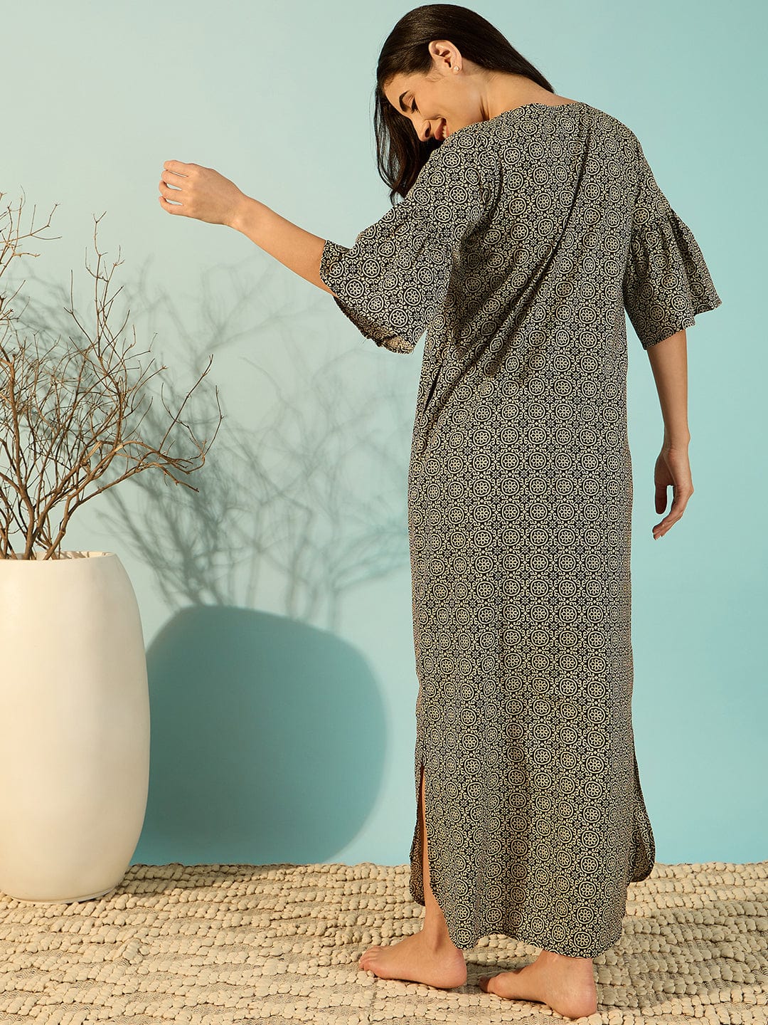 The Kaftan Company Nightdress Women Spiral Pattern Black Cotton Chic Nightdress