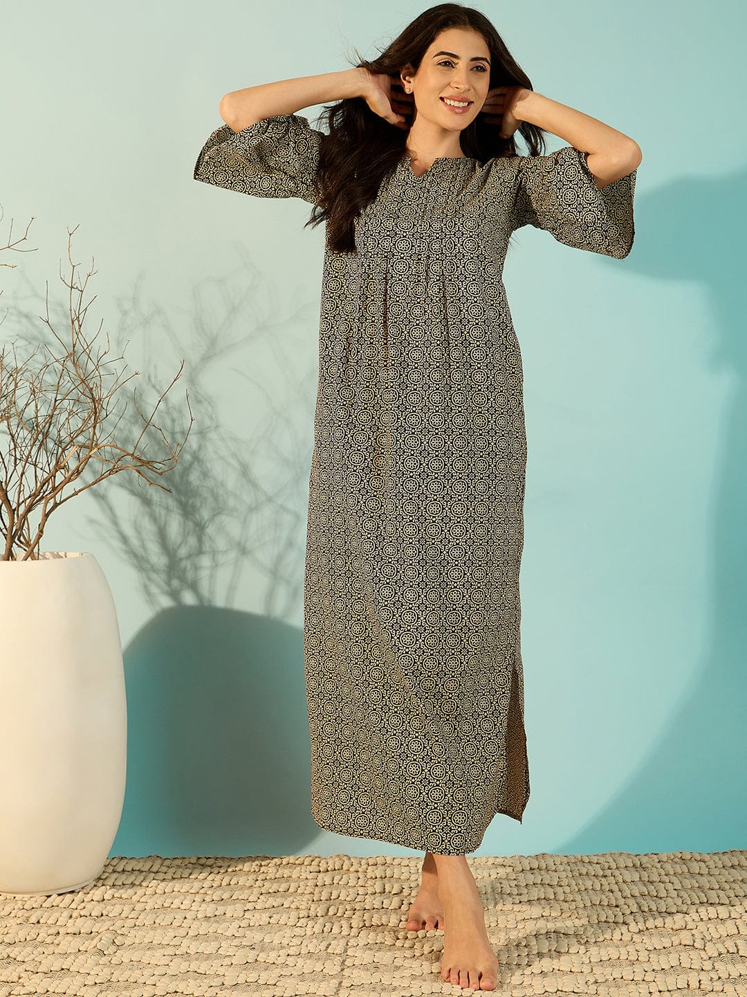 The Kaftan Company Nightdress Women Spiral Pattern Black Cotton Chic Nightdress