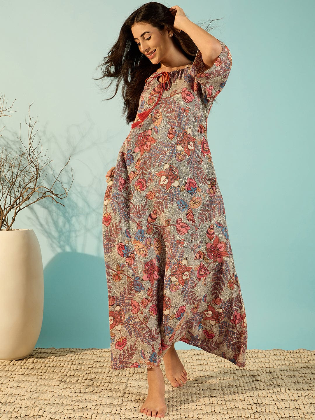 The Kaftan Company Nightdress Women Turning Leaves Soft Modal Flowy Night Dress