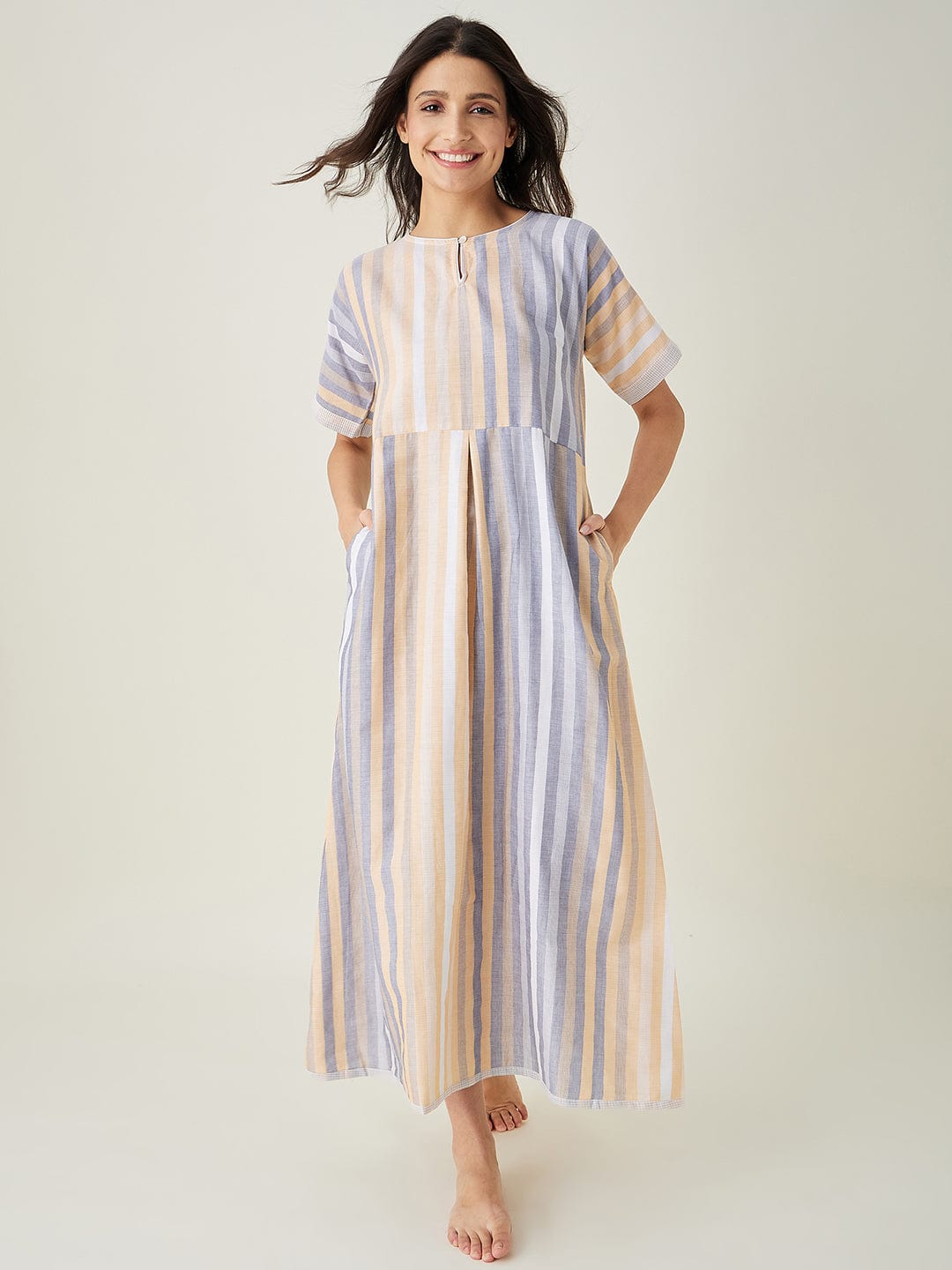 The Kaftan Company Nightdress Yellow and Grey Striped Handloom Cotton Fitted Nightdress