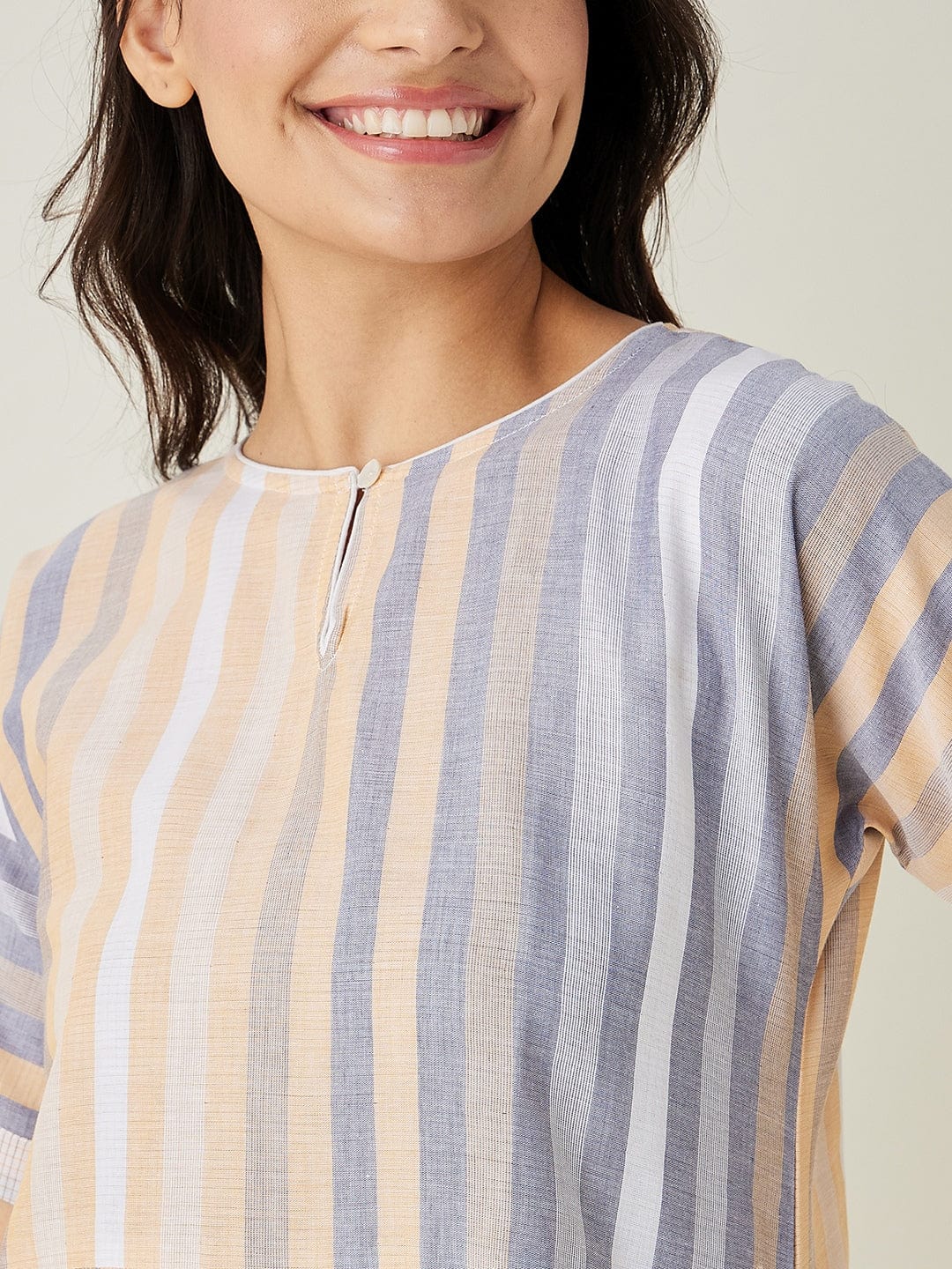 The Kaftan Company Nightdress Yellow and Grey Striped Handloom Cotton Fitted Nightdress