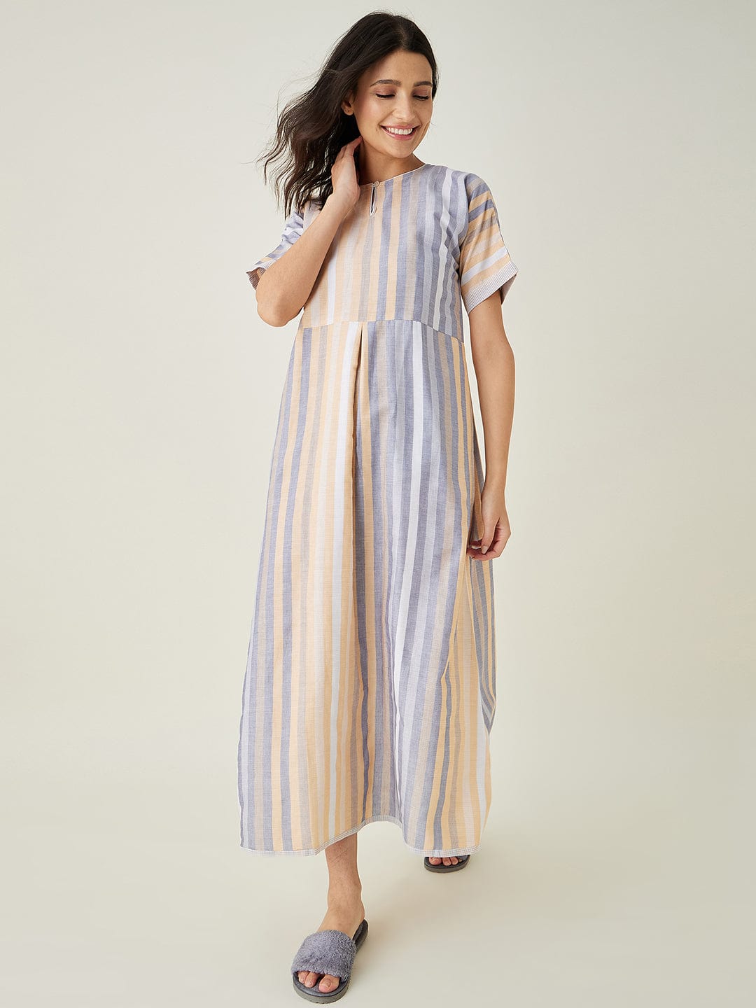 The Kaftan Company Nightdress Yellow and Grey Striped Handloom Cotton Fitted Nightdress