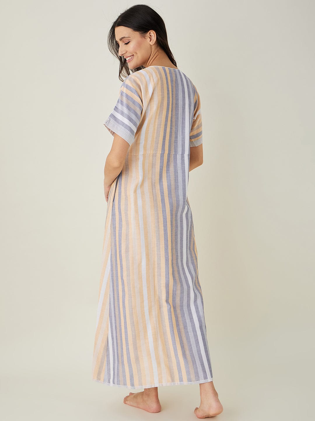 The Kaftan Company Nightdress Yellow and Grey Striped Handloom Cotton Fitted Nightdress