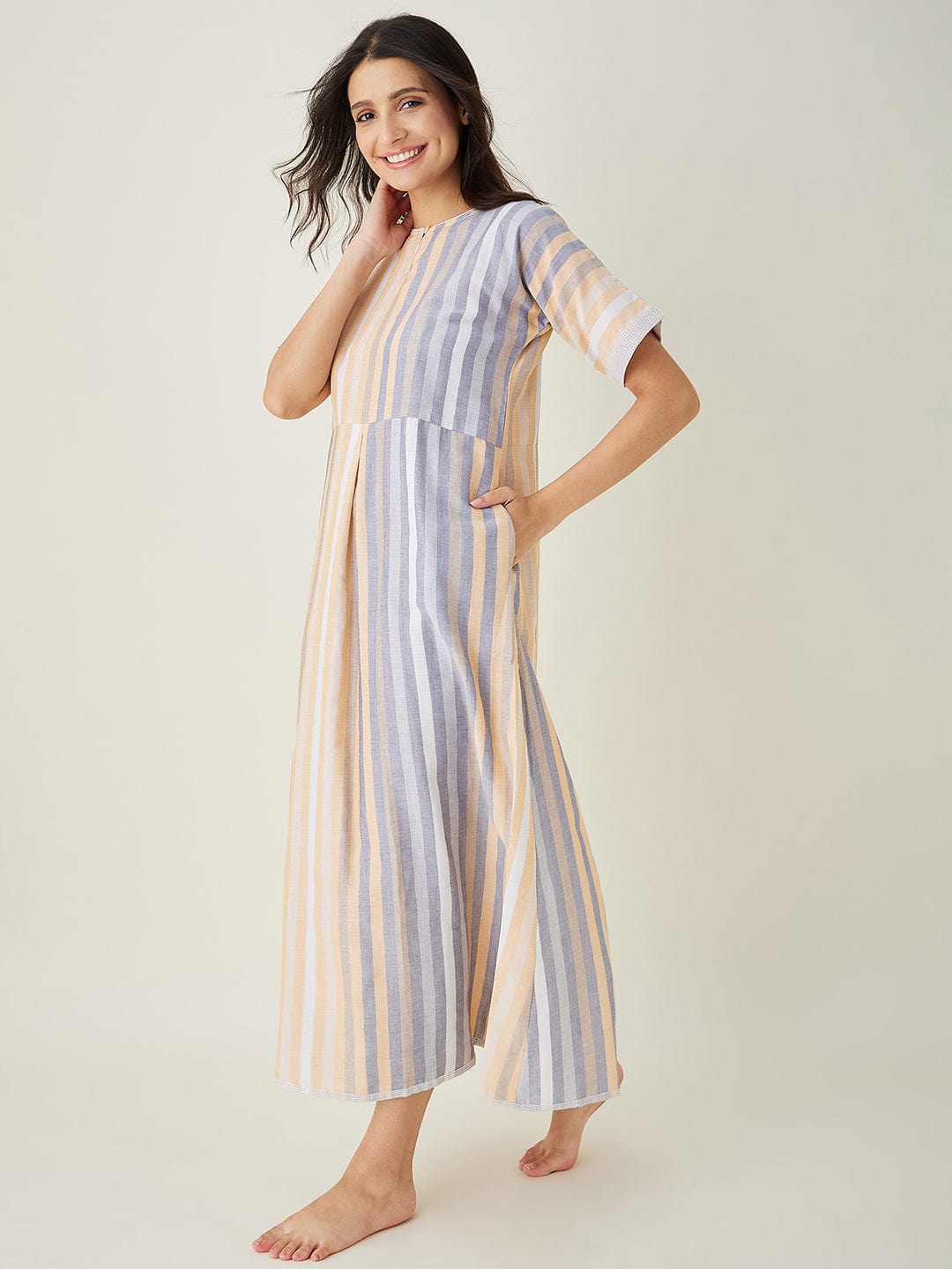 The Kaftan Company Nightdress Yellow and Grey Striped Handloom Cotton Fitted Nightdress