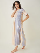 The Kaftan Company Nightdress Yellow and Grey Striped Handloom Cotton Fitted Nightdress