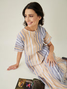 The Kaftan Company Nightdress Yellow and Grey Striped Handloom Cotton Fitted Nightdress