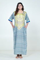 The Kaftan Company Nightdress Yellow & Blue Printed Satin Nightdress with Pockets