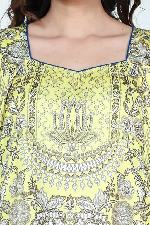 The Kaftan Company Nightdress Yellow & Blue Printed Satin Nightdress with Pockets