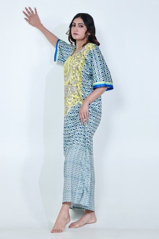 The Kaftan Company Nightdress Yellow & Blue Printed Satin Nightdress with Pockets