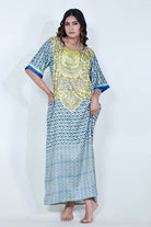 The Kaftan Company Nightdress Yellow & Blue Printed Satin Nightdress with Pockets