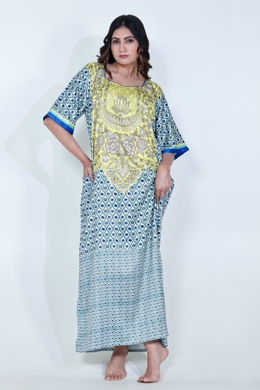 The Kaftan Company Nightdress Yellow & Blue Printed Satin Nightdress with Pockets