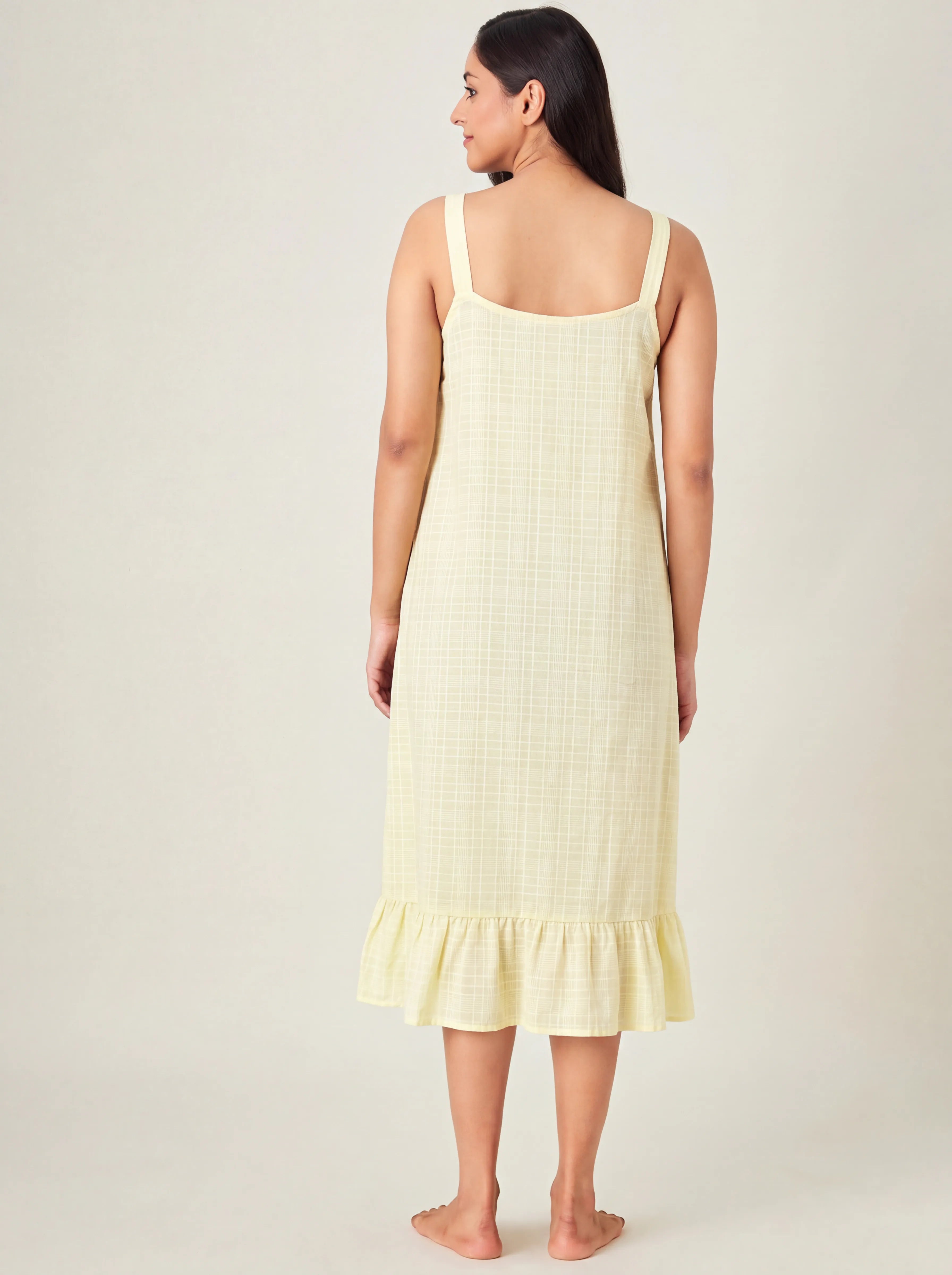 The Kaftan Company Nightdress Yellow Check Print Cotton Negligee with Lace Trim