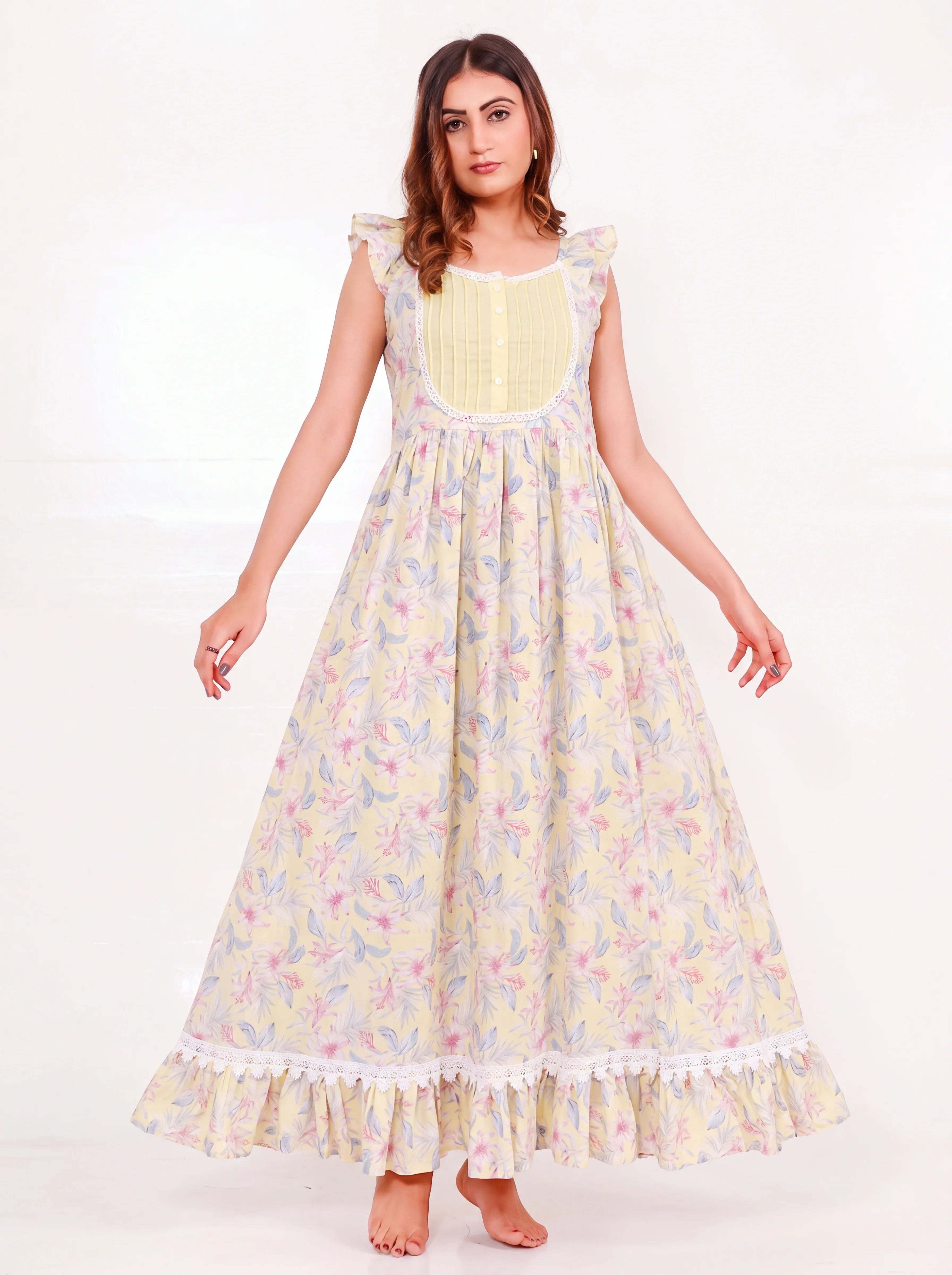 The Kaftan Company Nightdress Yellow Floral Print Cotton Nightdress