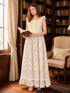 The Kaftan Company Nightdress Yellow Floral Print Cotton Nightdress