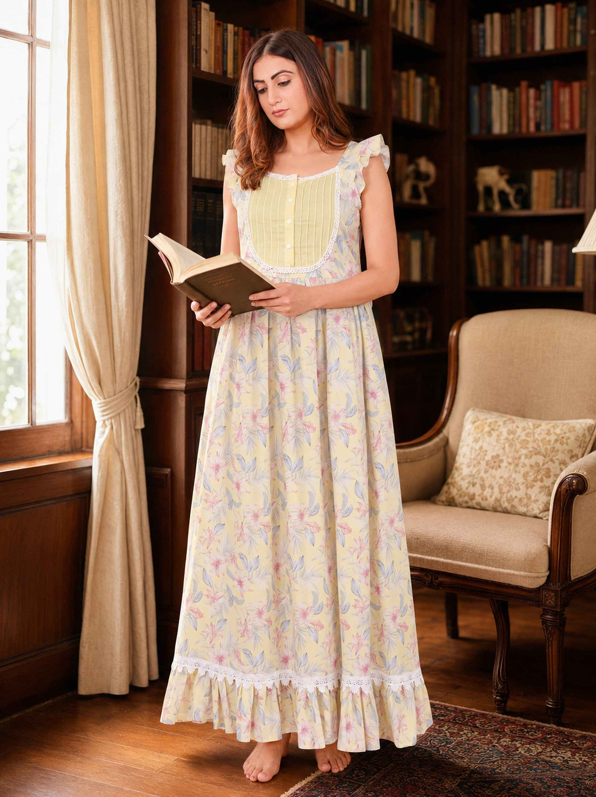 The Kaftan Company Nightdress Yellow Floral Print Cotton Nightdress