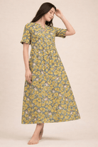 The Kaftan Company Nightdress Yellow Floral Print Modal Nightdress with Pintuck