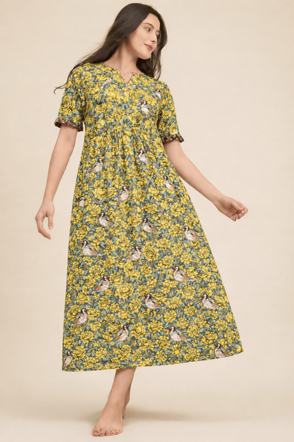 The Kaftan Company Nightdress Yellow Floral Print Modal Nightdress with Pintuck