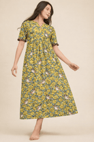 The Kaftan Company Nightdress Yellow Floral Print Modal Nightdress with Pintuck