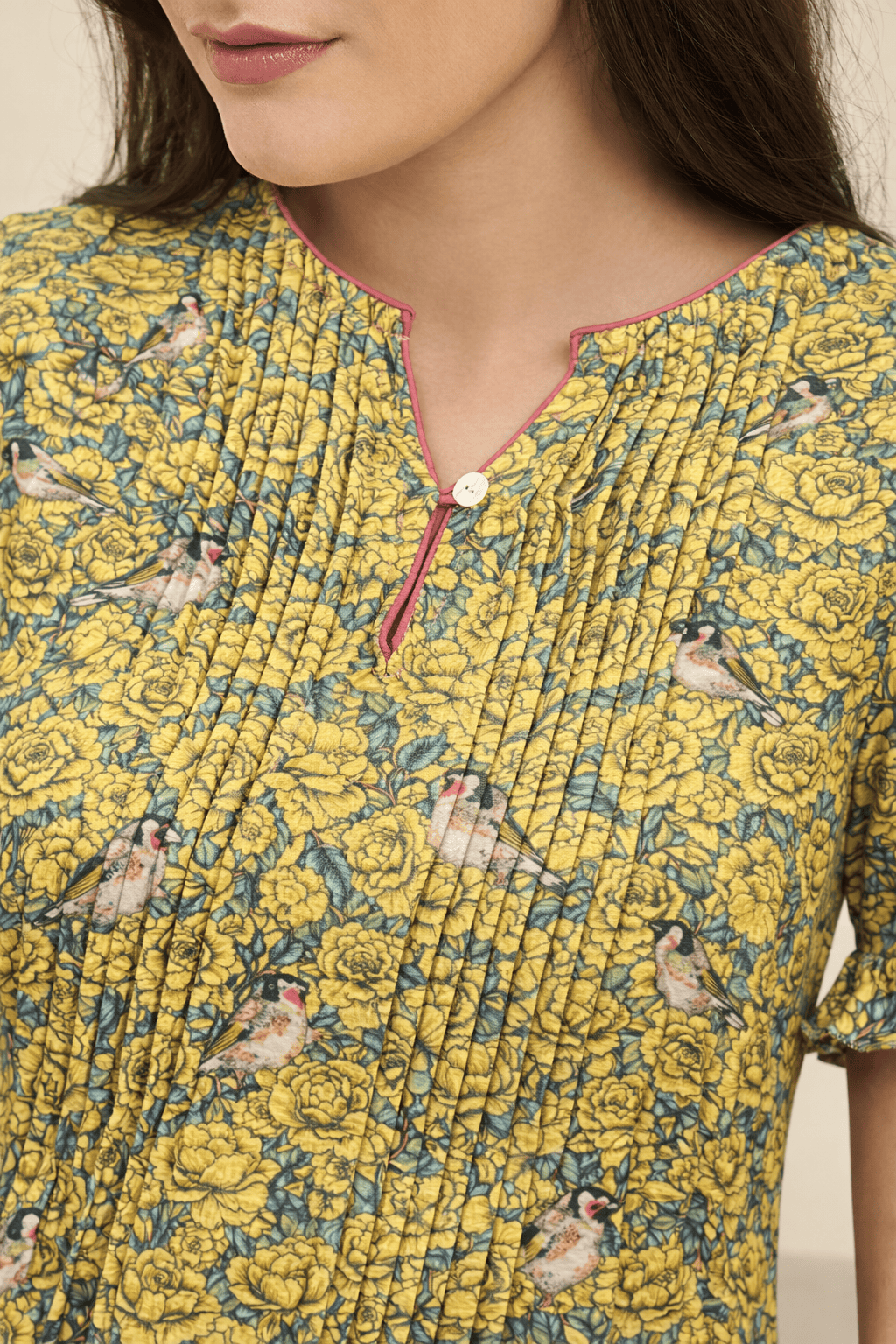 The Kaftan Company Nightdress Yellow Floral Print Modal Nightdress with Pintuck
